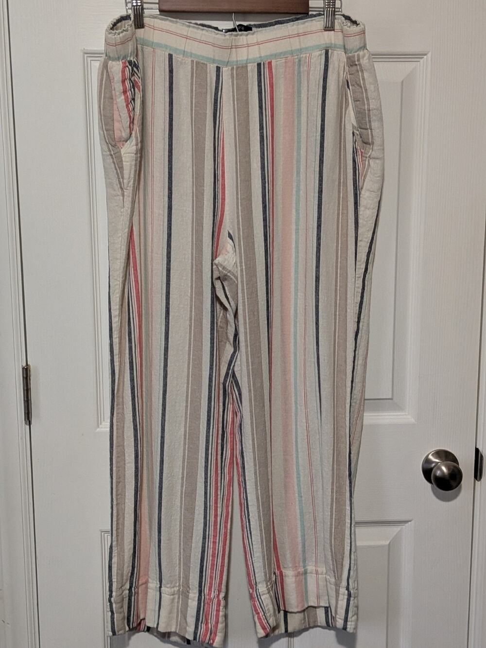 New Look Striped Wide Leg Pants XL Rayon Linen Blend Coastal Boho Pull On